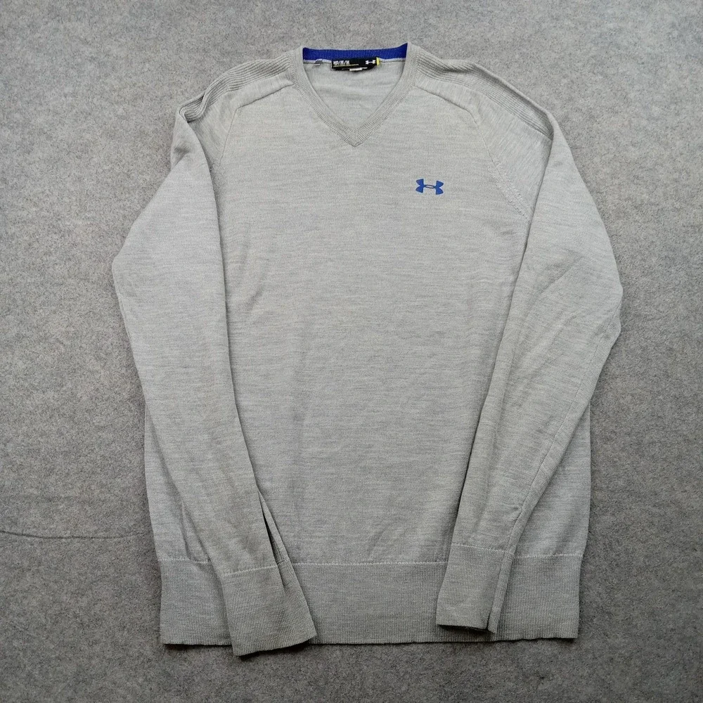 Under Armour Sweater Mens Medium Tall Gray V Neck Knit Pullover Golf MT Loose‎